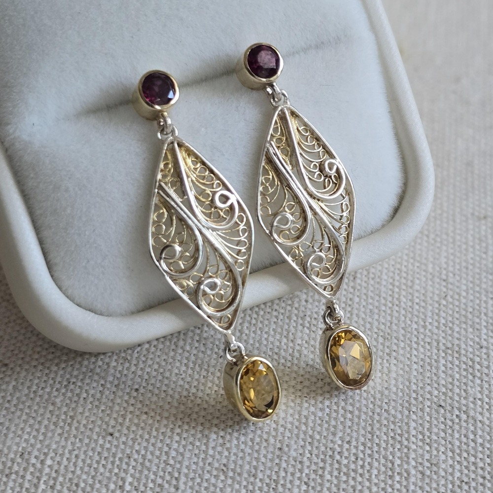 Vintage-Inspired Sterling Silver Filigree Earrings with Citrine & Garnet - Picture 6 of 12